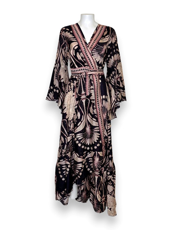 Abito incrociato asimmetrico stampa fiori bicolore