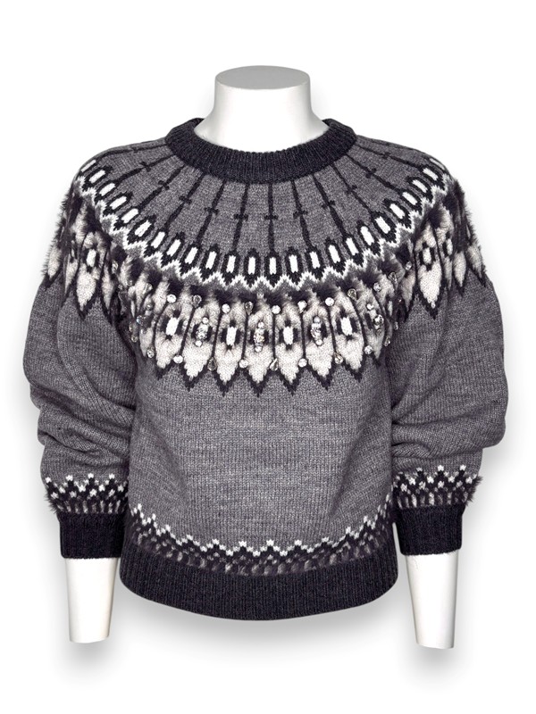 Girocollo lana jacquard norvegese+cristalli